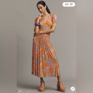 NWT $248 Farm Rio x Anthropologie Short-Sleeve V-Neck Ruched Midi Dress S